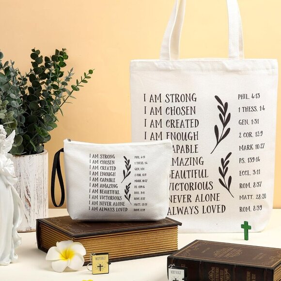 Brand New Christian Tote Bag Set Large Canvas Inspirational Religious Gift - Picture 5 of 6